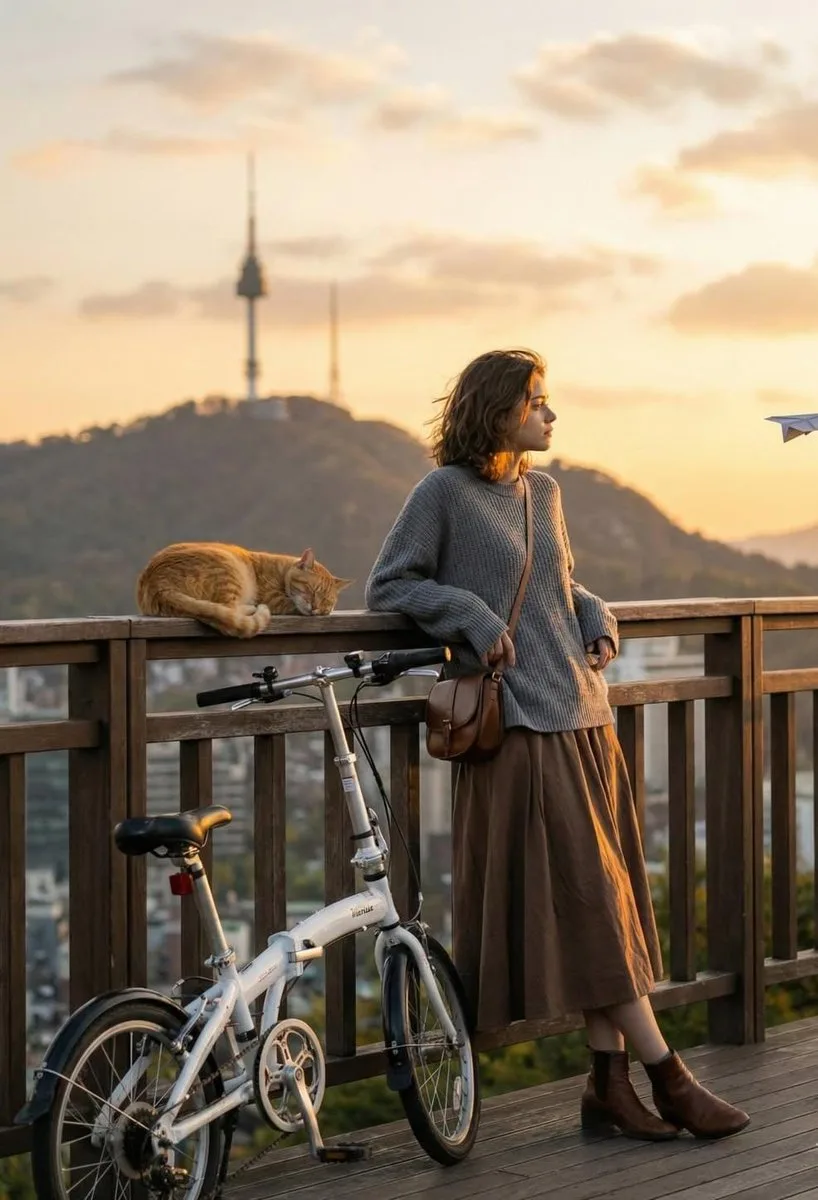 Sunset girl bike cat — After