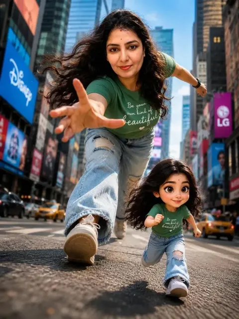 Dynamic woman chibi times square cinematic