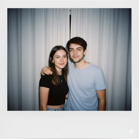 Polaroid Style Candid Photo with White Curtain Background