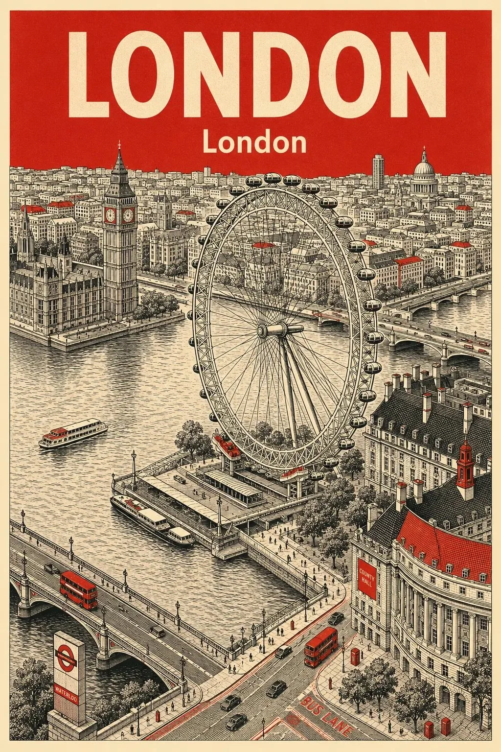 Vintage london travel poster aerial cityscape — After