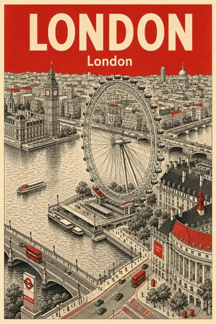 Vintage london travel poster aerial cityscape