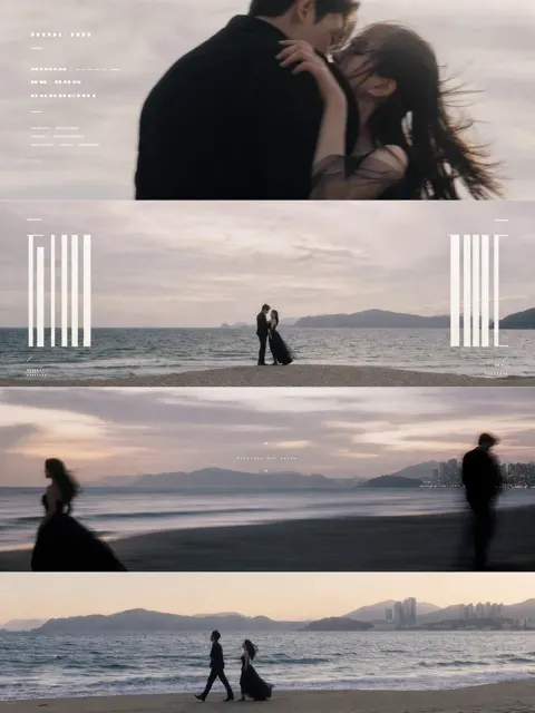 Cinematic segmented narrative wedding beach poster