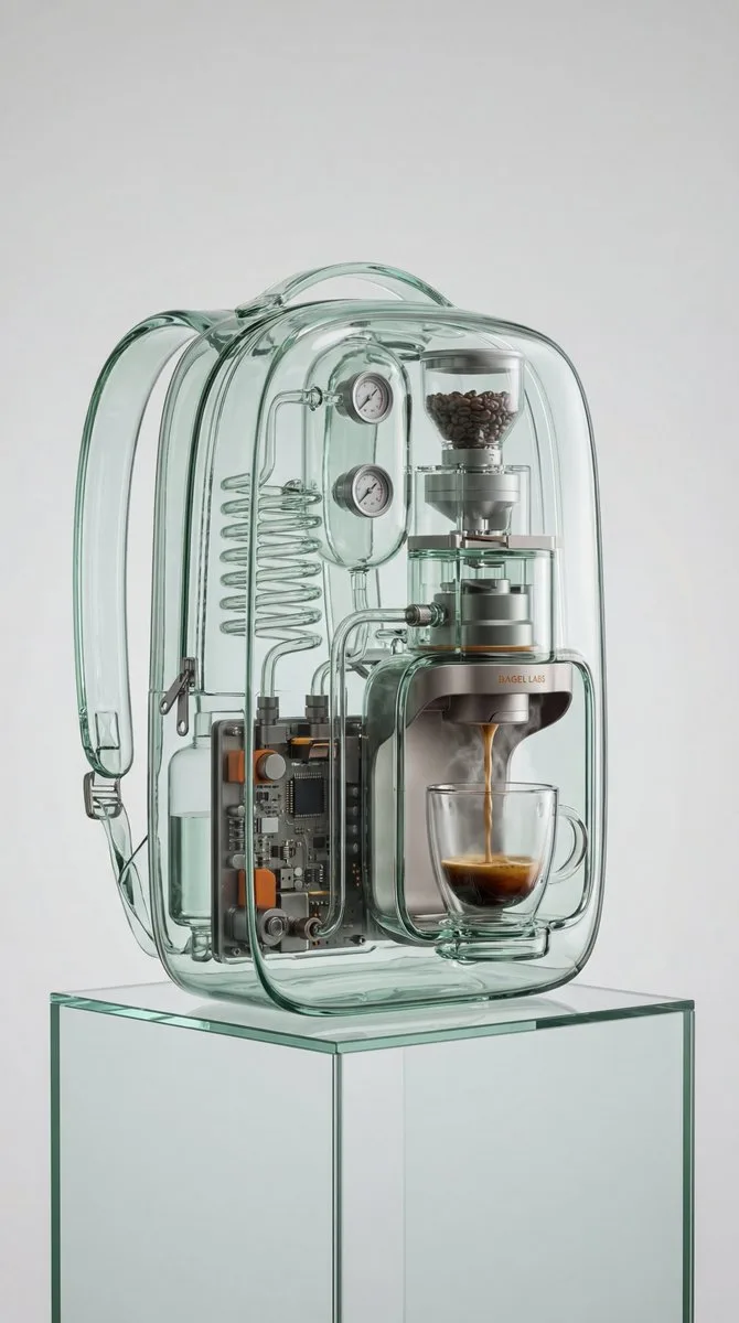 Transparent glass backpack espresso system — After