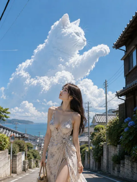 Summer seaside cat cloud woman