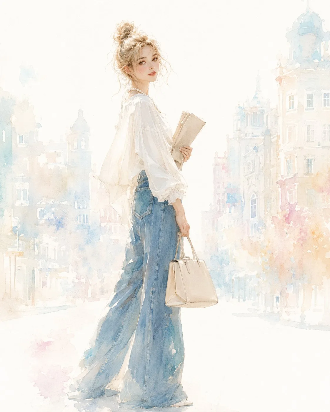 Elegant woman white blouse denim watercolor fashion illustration — Sonra