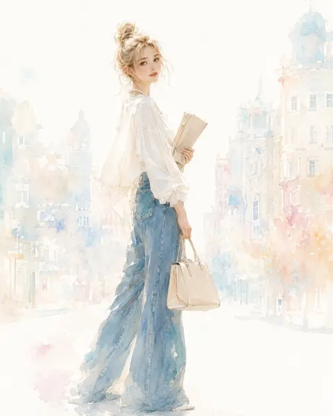 Elegant woman white blouse denim watercolor fashion illustration