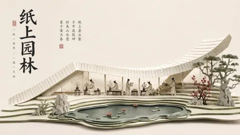 Oriental spatial scroll chinese architecture narrative poster