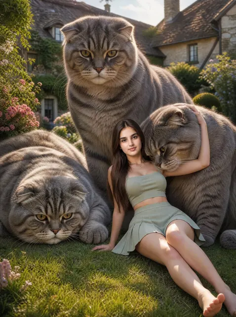Beautiful east asian woman giant scottish fold cats english garden