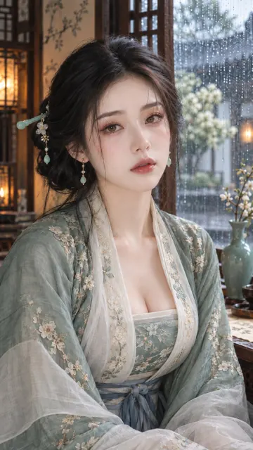 Ancient style rainy day celadon beauty portrait
