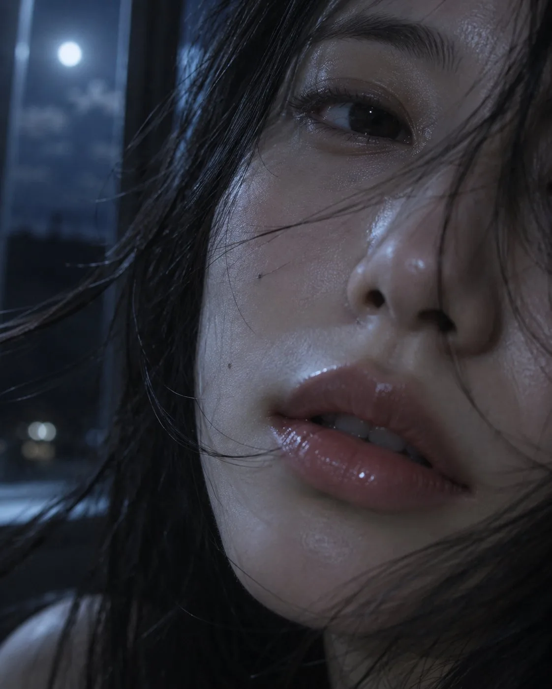 Japanese woman moonlight window close up — After