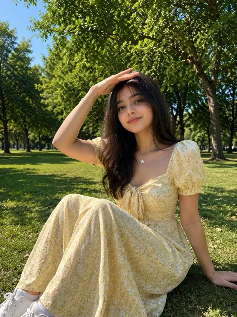 Sunlit park woman floral dress portrait