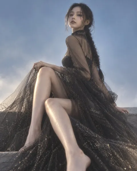 Low angle black tulle fashion portrait east asian woman
