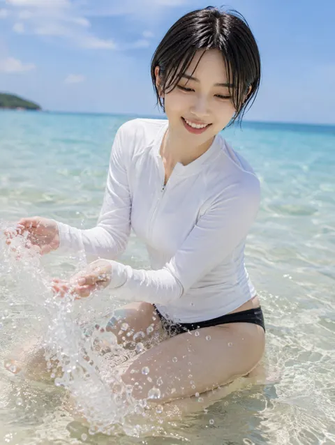 Surfing suit girl shallow water
