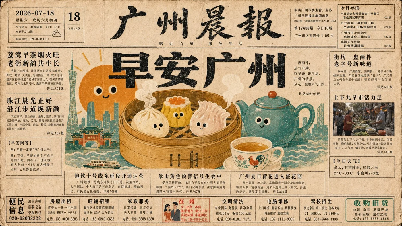 Old newspaper front page city good morning illustration — Sonra