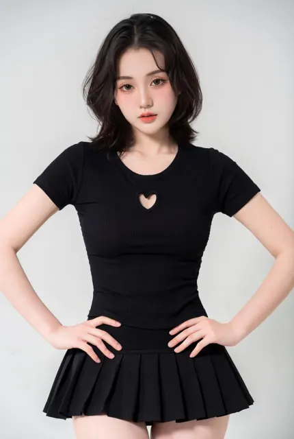East asian woman black ribbed heart cutout top studio portrait