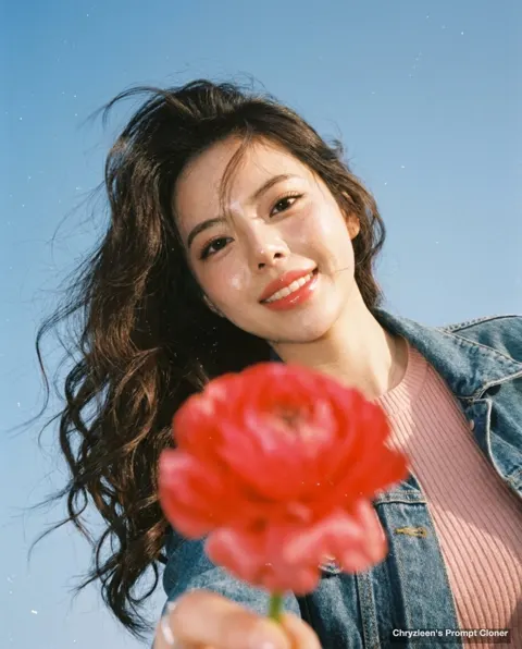 Low angle girl offering flower ccd film style prompt