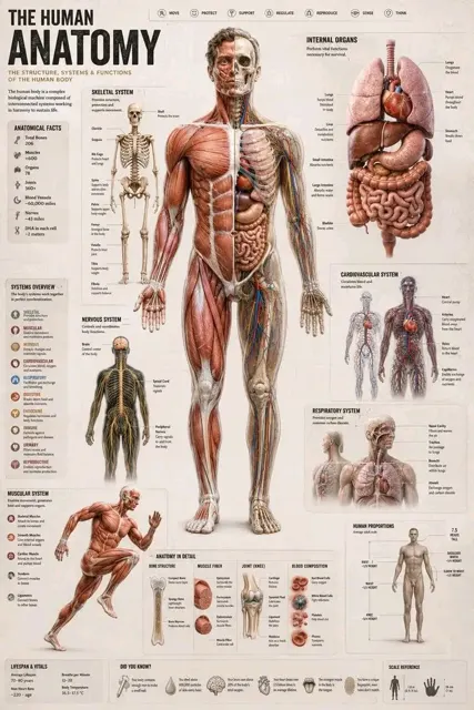Human anatomy educational infographic parchment style