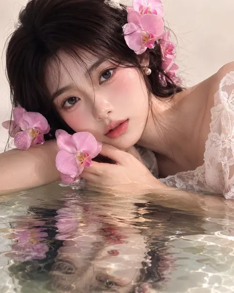 Realistic japanese woman orchid water reflection portrait