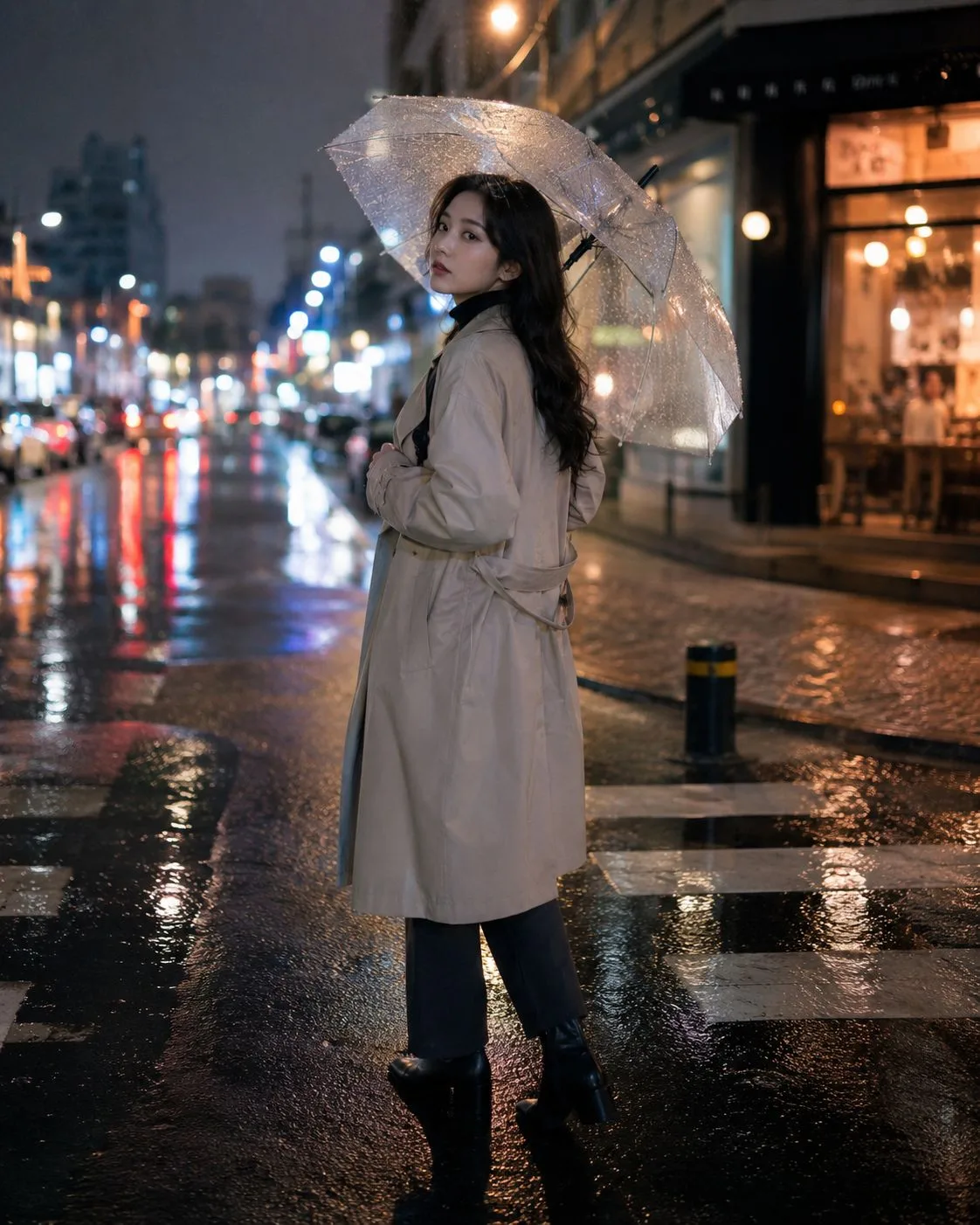 Chinese woman rainy night street photography — After