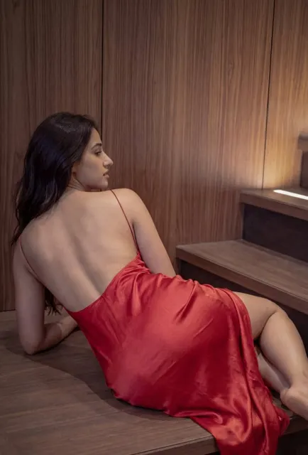 Red dress sultry stairs