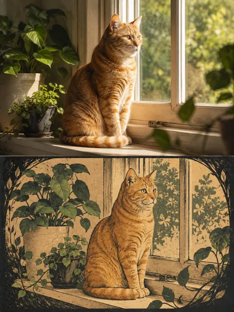 Photo to oriental vintage woodcut illustration