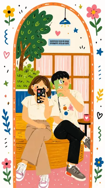 Cute couple mirror selfie korean illustration