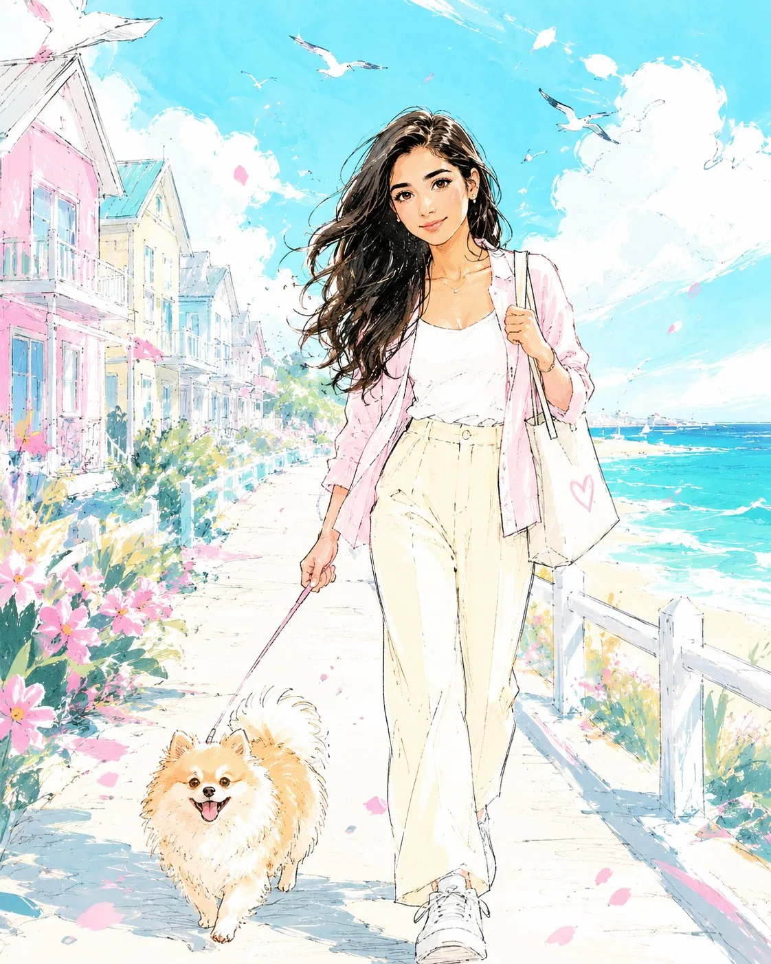 Anime sketch seaside stroll — After