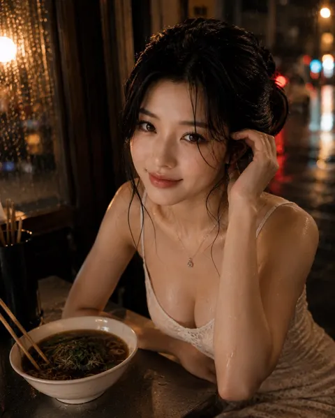Ultra realistic cinematic night street food portrait east asian woman