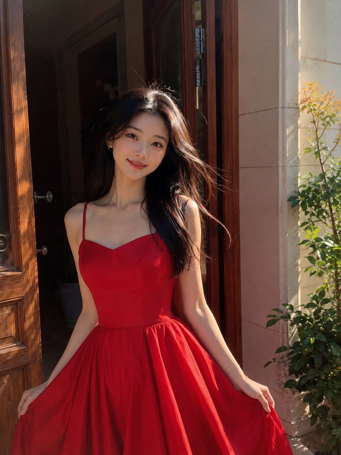 Sunlit doorway red dress east asian woman portrait — Sonra