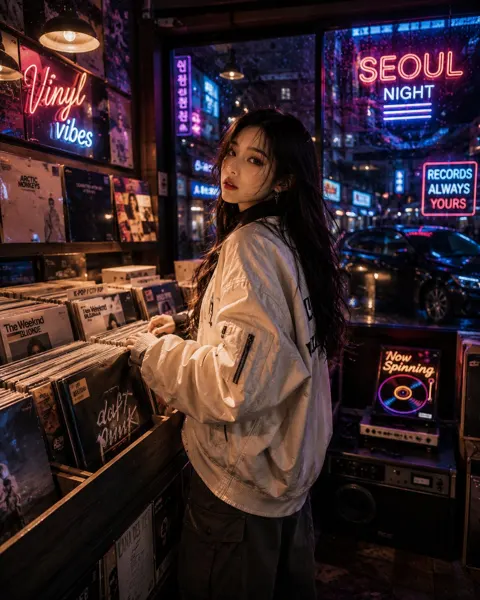 Korean woman vintage vinyl record store midnight
