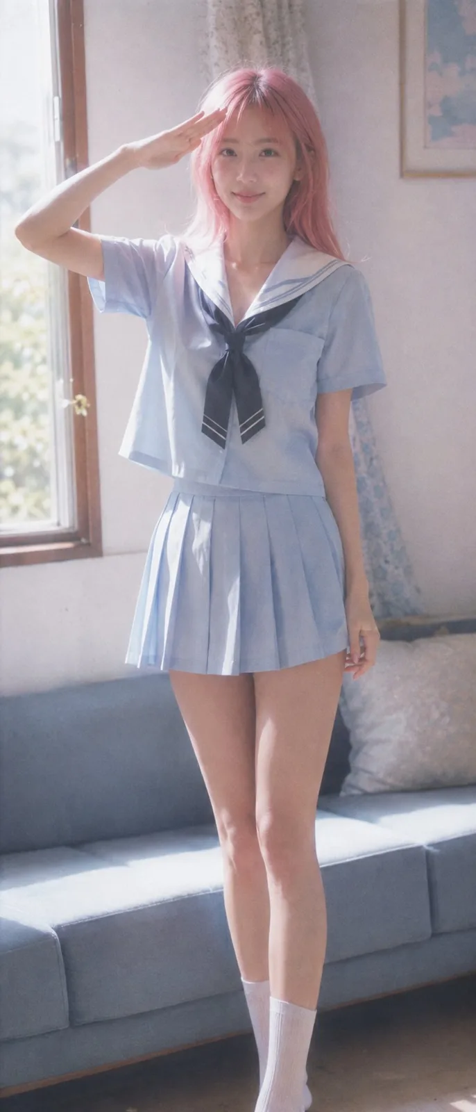 Showa 1980s japanese retro portrait pink hair sailor uniform — Sonra
