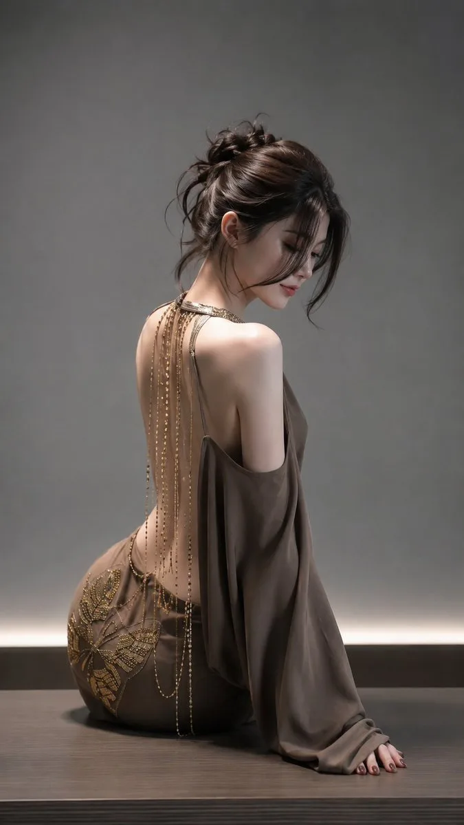 Realistic backless satin dress gold chains portrait — After