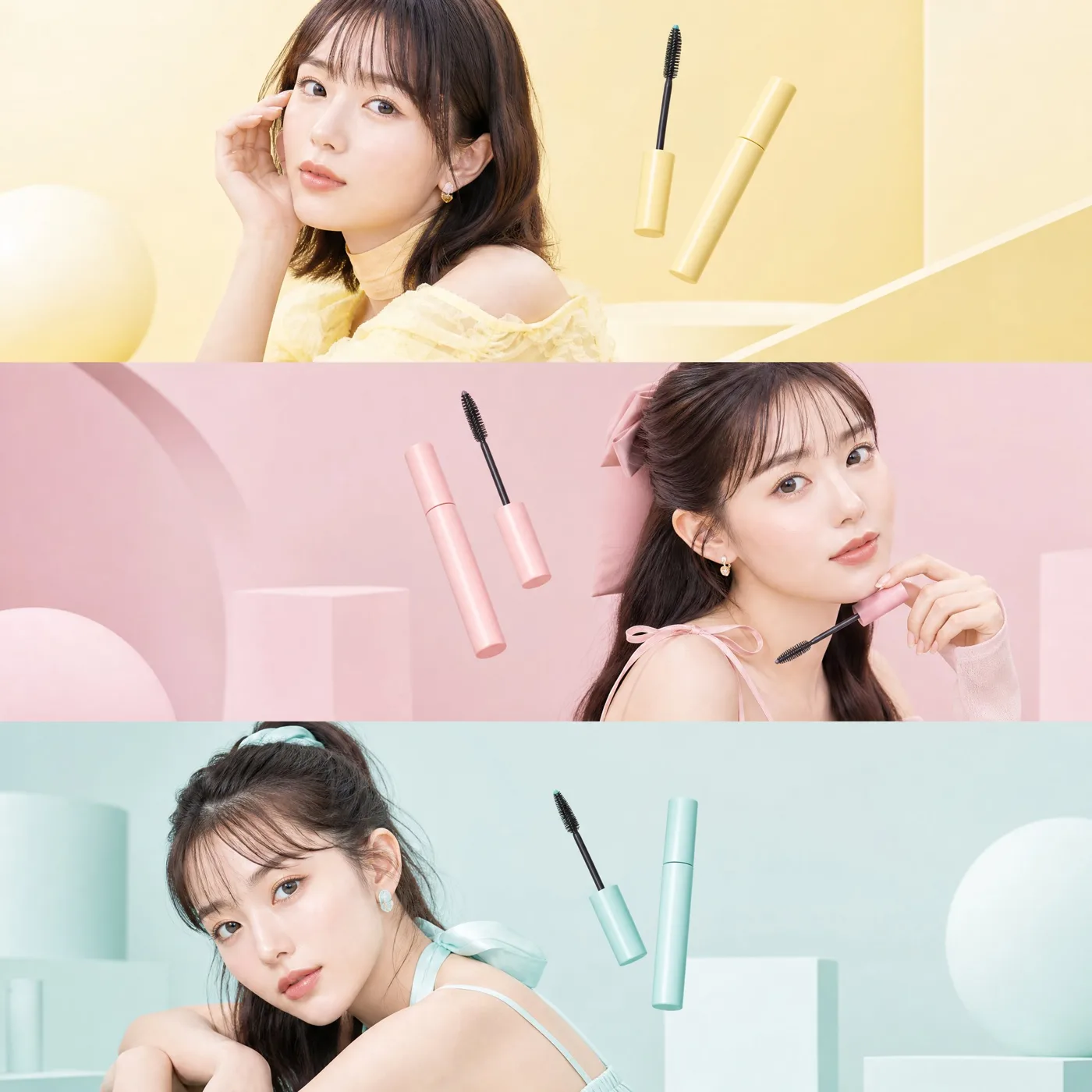 Japanese beauty editorial collage three women pastel — Sonra