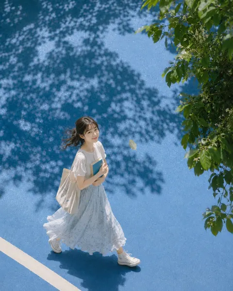 Blue sidewalk summer portrait leaf shadows high angle