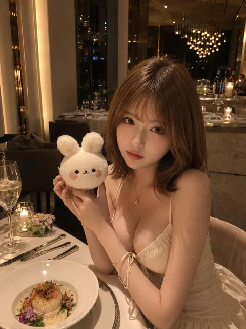 Dinner with rabbit and lamps realistic portrait