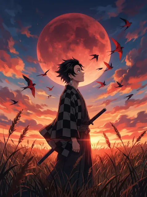 Anime warrior red moon golden field