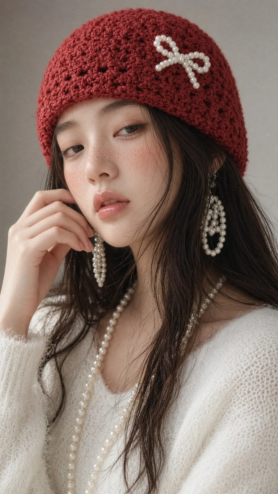Taiwan idol red beanie pearl jewelry portrait — After