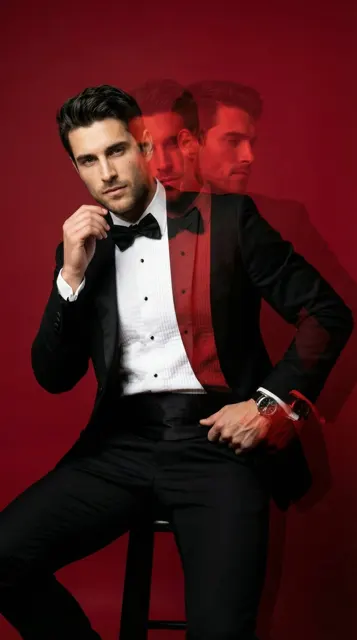 Deep red studio multi exposure tuxedo