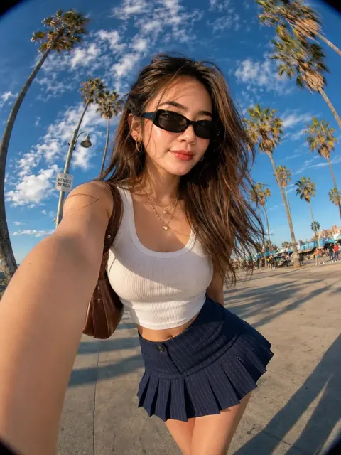 Venice beach fisheye fashion editorial selfie