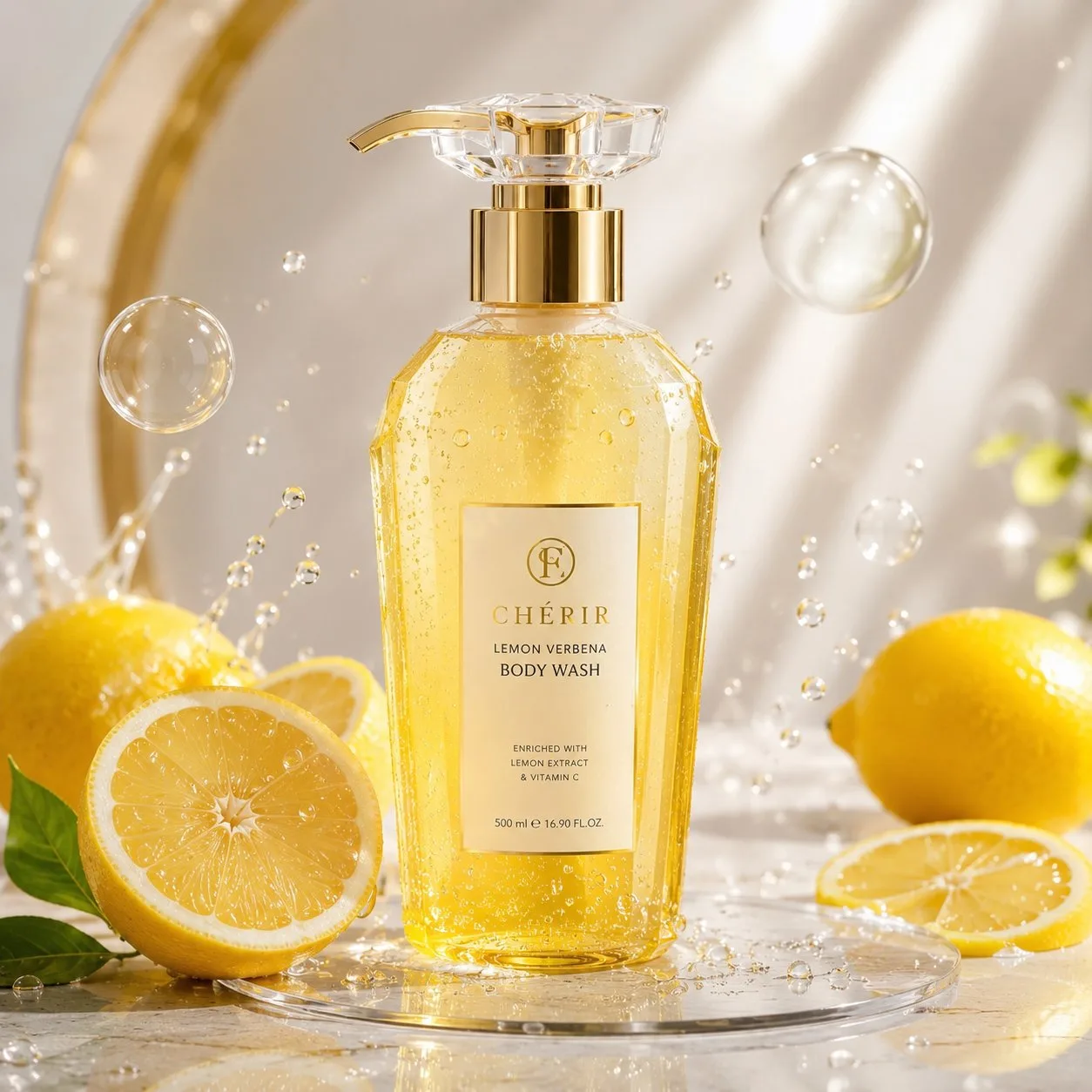 Elegant yellow skincare bottle summer commercial photography — After