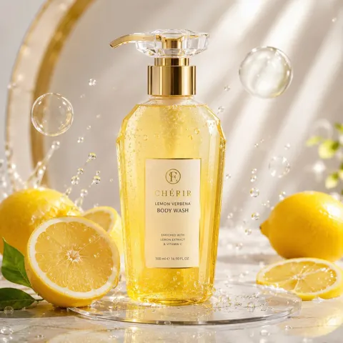 Elegant yellow skincare bottle summer commercial photography