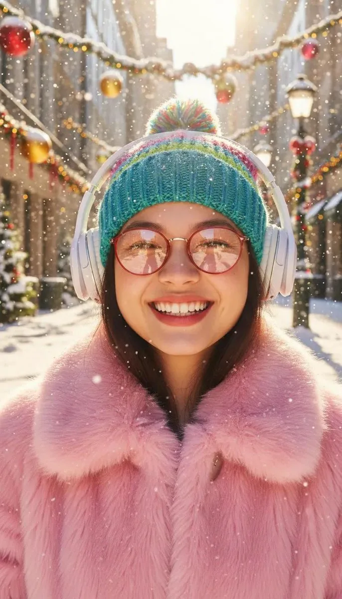 Smiling girl in pink fur snow — After
