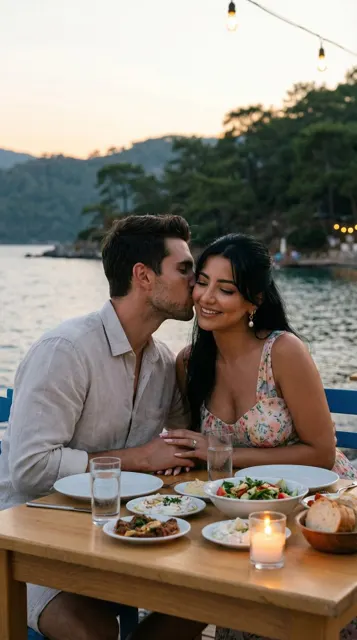 Romantic seaside cheek kiss