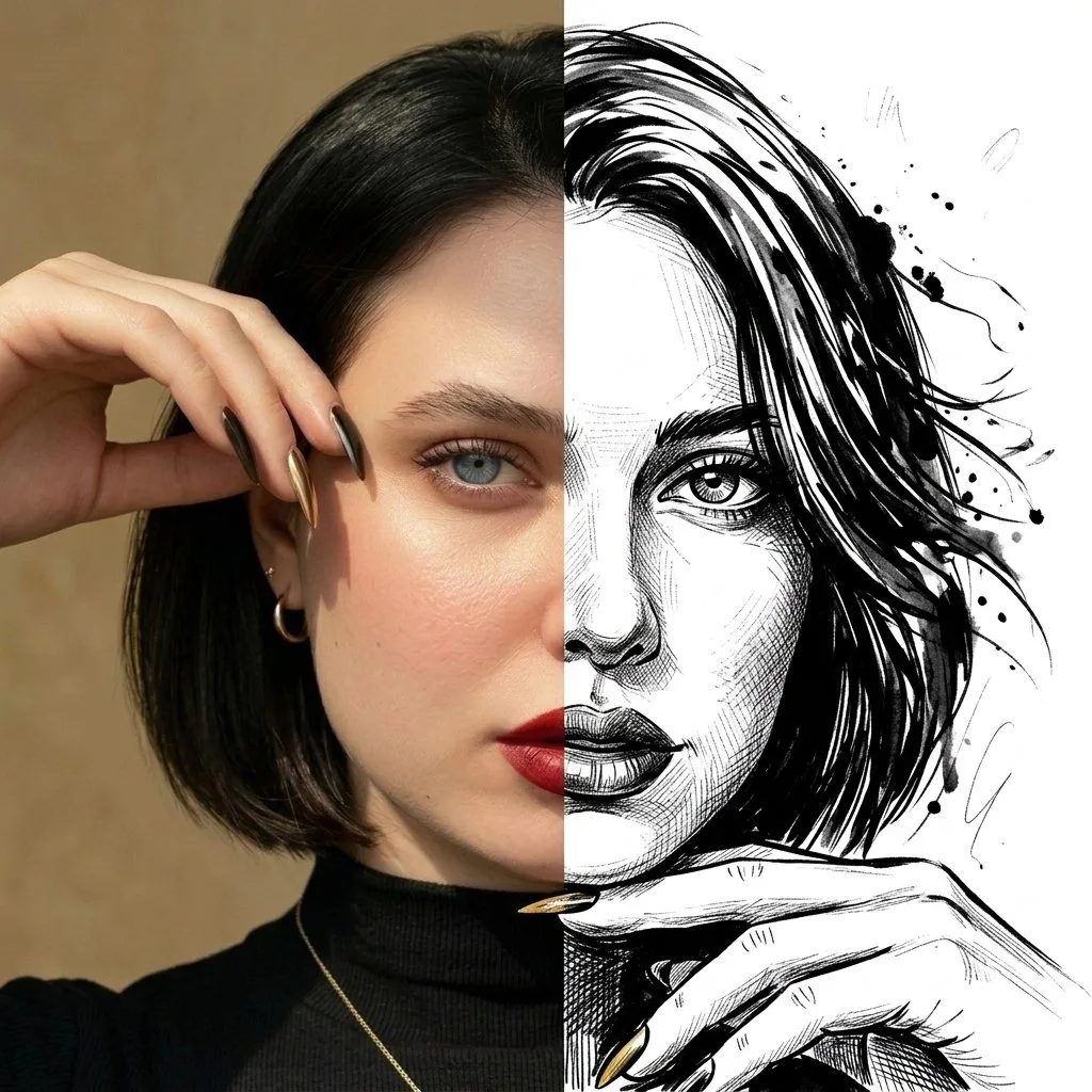 Split face realism ink illustration portrait — After