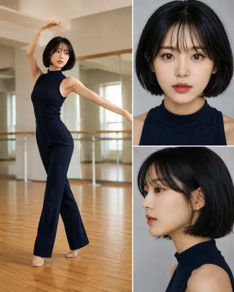 Young east asian woman black bob collage