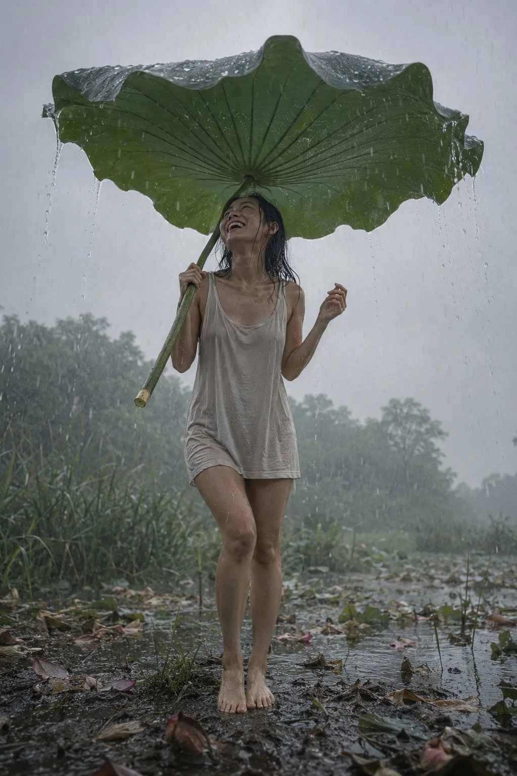 Japanese woman lotus leaf rain wetland — After