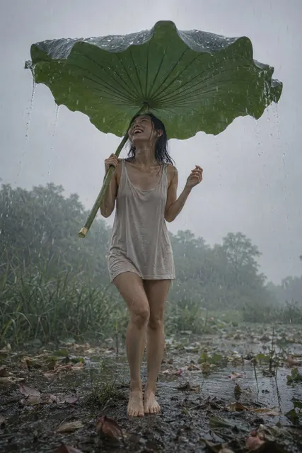 Japanese woman lotus leaf rain wetland