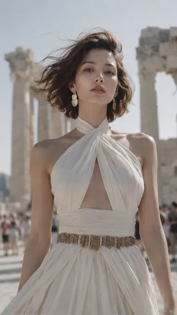 Cinematic realistic fashion portrait athens acropolis