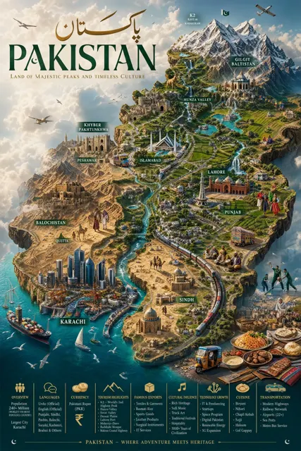 Pakistan cinematic miniature floating island map travel poster