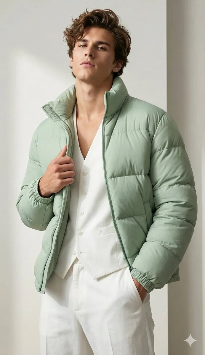 Minimalist studio green puffer fashion — Sonra